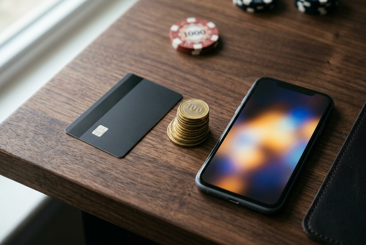 Detailní záběr na smartphone a platební kartu na stole vedle kasinových žetonů